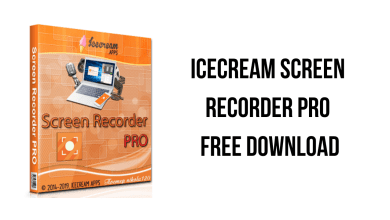 The image showcases the cover art for "Icecream Screen Recorder Pro," featuring a laptop, tablet, headphones, and smartphone. The text beside the cover reads, "ICECREAM SCREEN RECORDER PRO FREE DOWNLOAD.