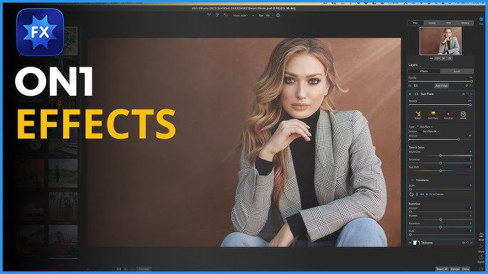A screenshot of the ON1 Effects 2024.5 software interface showing a photo of a woman in a plaid blazer. The software's editing tools are visible on the right side of the screen, with adjustments for tone, color, and other effects. The text "ON1 EFFECTS" is displayed on the left, indicating it's pre-activated.