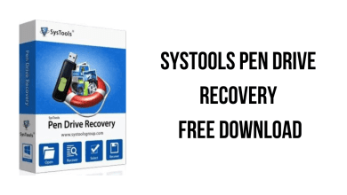 Image of a product box for SysTools Pen Drive Recovery v16.2 software. The box features visuals of a USB drive and a circular arrow symbol, with icons labeled Open, Recover, Select, and Format. Text beside the box reads: "SysTools Pen Drive Recovery Free Download.