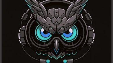 Illustration of a futuristic robotic owl face with glowing blue eyes and detailed metallic features. The design includes mechanical elements, giving the owl a high-tech appearance reminiscent of APU Loudness Compressor technology. The background is solid black, emphasizing the intricate artwork.