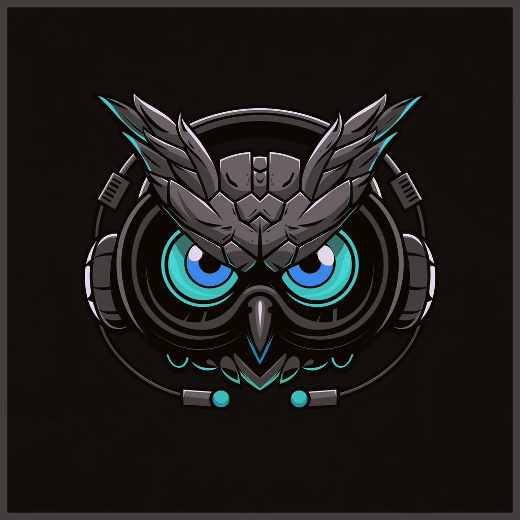 Illustration of a futuristic robotic owl face with glowing blue eyes and detailed metallic features. The design includes mechanical elements, giving the owl a high-tech appearance reminiscent of APU Loudness Compressor technology. The background is solid black, emphasizing the intricate artwork.