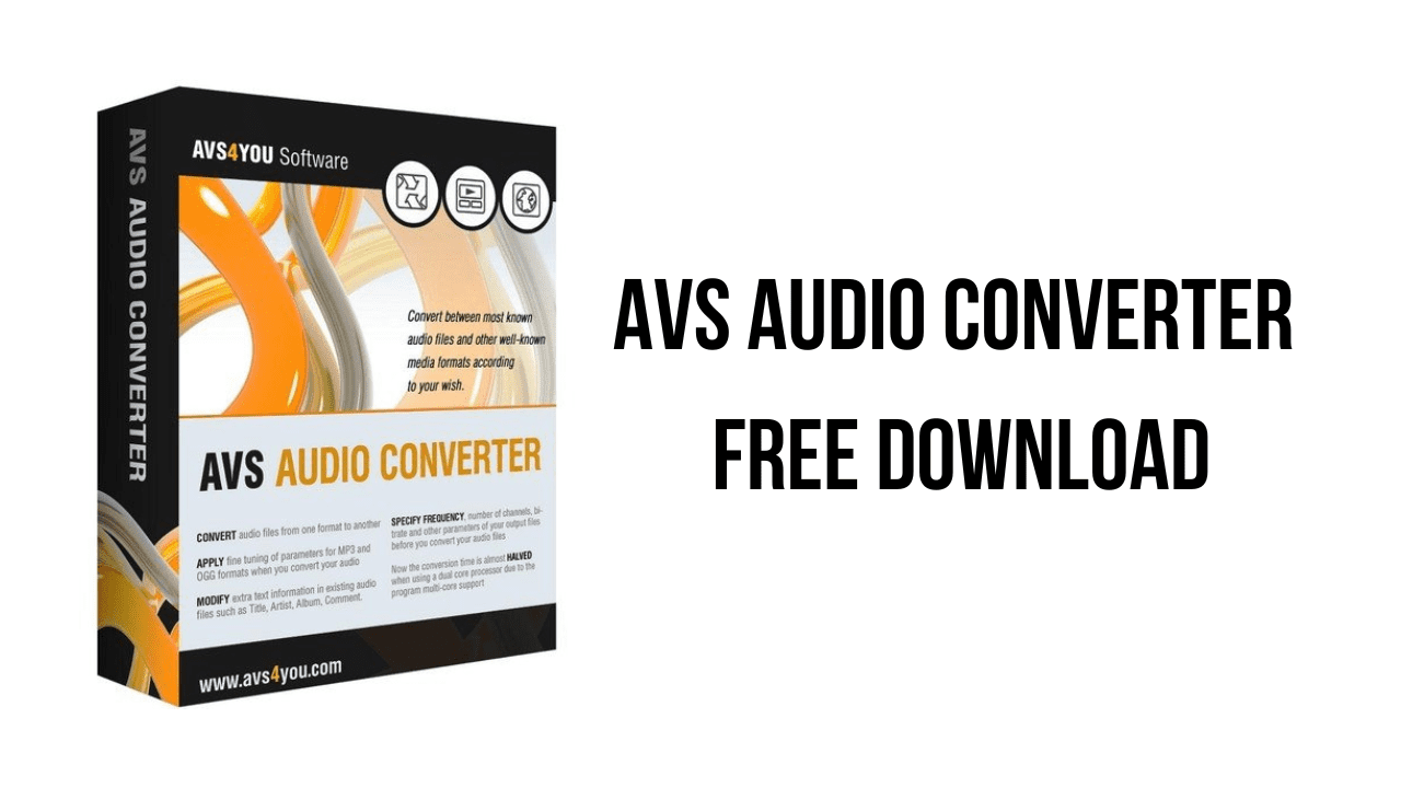 Image showing a box for the AVS Audio Converter software, KhanPC, alongside text that reads "AVS Audio Converter Free Download." The box has a colorful, abstract design and lists features of the software, including its ability to convert between different audio formats.