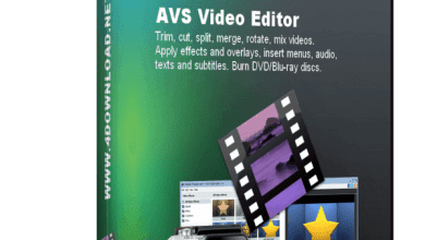 Box packaging of AVS Video Editor software by KhanPC. The front of the box shows the interface with editing tools and features highlighted, such as trimming, cutting, merging, and rotating videos. An image of a camera and video frames is also displayed. Includes a special patch for additional features.