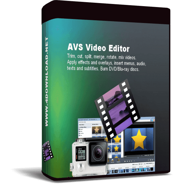 Box packaging of AVS Video Editor software by KhanPC. The front of the box shows the interface with editing tools and features highlighted, such as trimming, cutting, merging, and rotating videos. An image of a camera and video frames is also displayed. Includes a special patch for additional features.