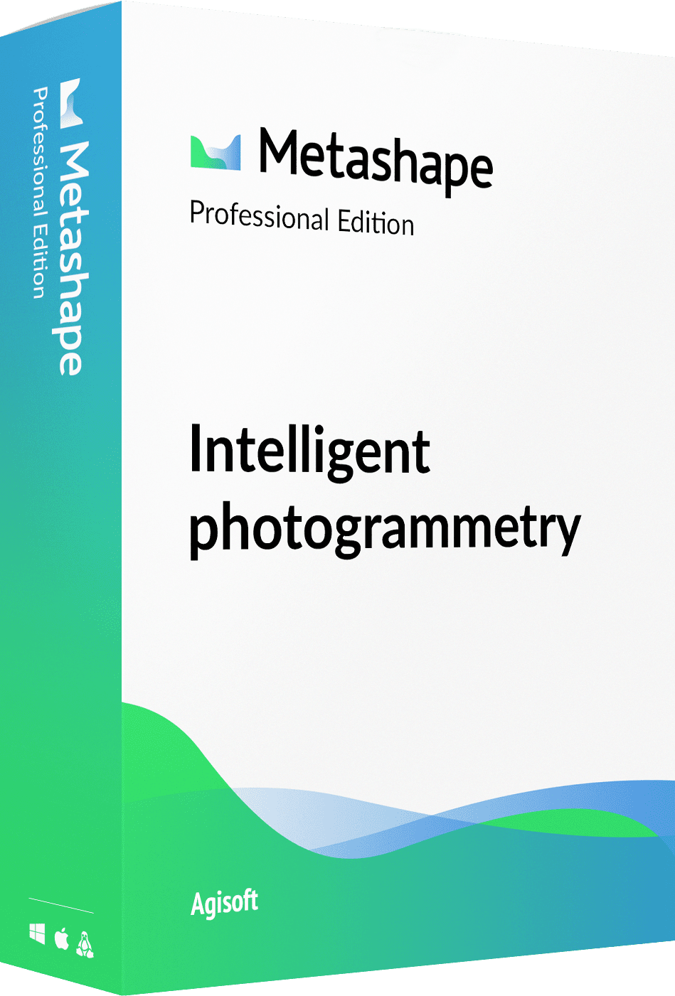 The image shows a box for Agisoft Metashape Professional Edition v2.1.3. The white box features the text "Intelligent photogrammetry" and has the Metashape logo with blue and green wave designs at the bottom. Icons for Mac, Linux, and Windows are displayed at the bottom left.