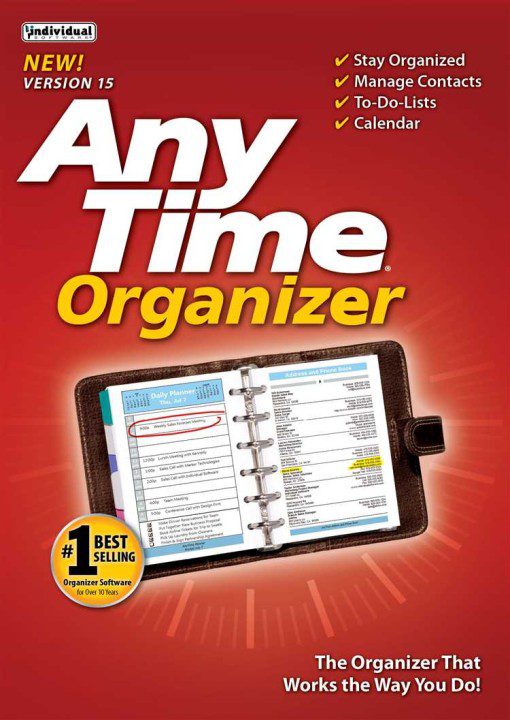 Cover of "AnyTime Organizer Deluxe" software, version 15. The cover shows a planner with "Daily Planner" written on an open page. Claims highlight functions such as organizing, managing contacts, to-do lists, and a calendar. A badge notes it as a #1 best-selling pre-activated software.