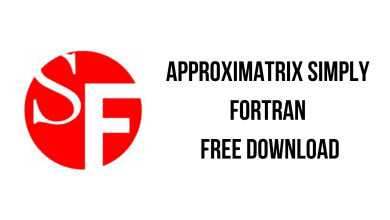 Red and white logo with stylized letters "SF" on the left side. Text on the right side reads, "APPROXIMATRIX SIMPLY FORTRAN FREE DOWNLOAD" in black capital letters. The background is plain white. Download Simply Fortran now from Approximatrix for an unparalleled programming experience.