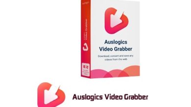 Box of Auslogics Video Grabber software by KhanPC, featuring a vibrant gradient design with a play button icon. The product tagline reads, "Download, convert, and save any videos from the web." The packaging is displayed on a minimalistic white background with an included patch for enhanced functionality.