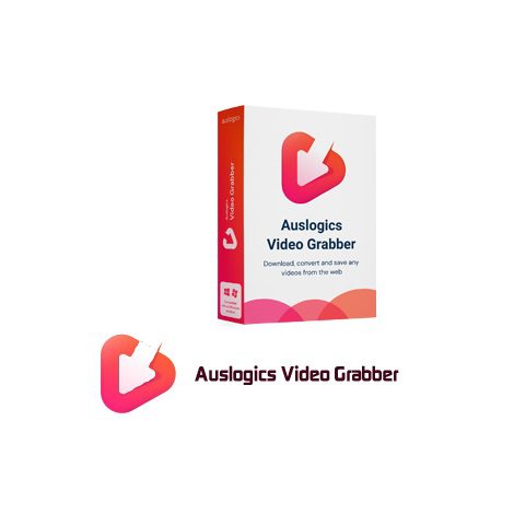 Box of Auslogics Video Grabber software by KhanPC, featuring a vibrant gradient design with a play button icon. The product tagline reads, "Download, convert, and save any videos from the web." The packaging is displayed on a minimalistic white background with an included patch for enhanced functionality.