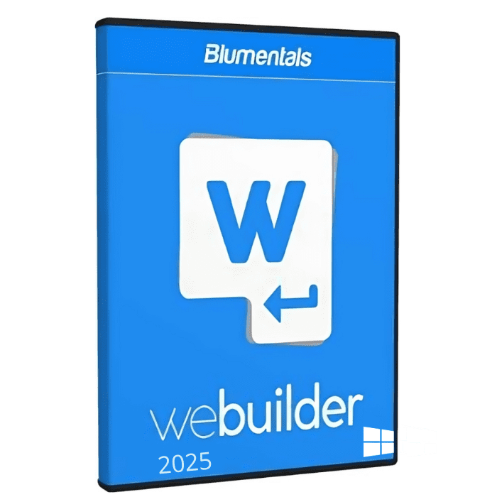 A software box for Blumentals WeBuilder 2025 is primarily blue with a white "W" logo and an arrow on it, along with the "webuilder" text in white and "2025" in light blue at the bottom. The Windows logo is visible in the lower right corner, ensuring compatibility with KhanPC systems.