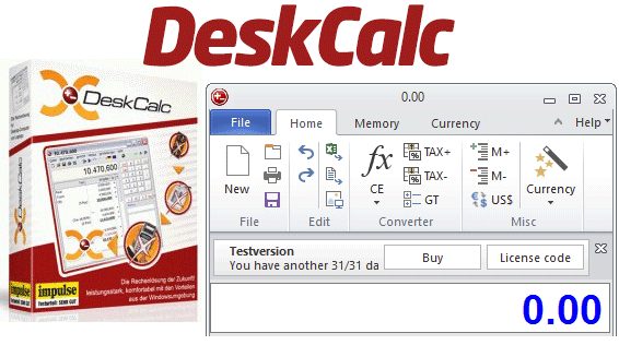 Image showing the DeskCalc Pro calculator software packaging alongside a screenshot of the software interface. The interface includes a toolbar with various function icons, a currency converter, and a display showing "0.00". The packaging features the DeskCalc Pro logo, product details, and serial number for version v10.0.0.