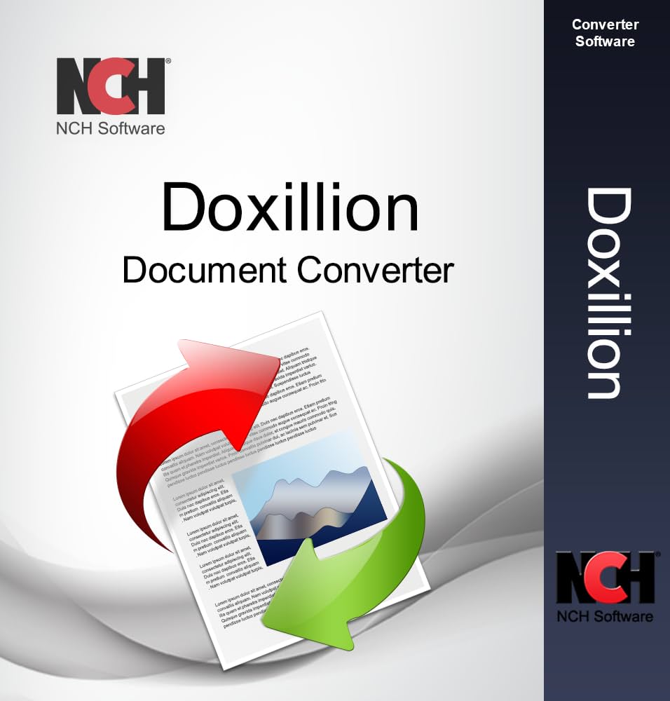 Cover image for the Doxillion Document Converter by NCH Software, featuring the software logo and name with an illustration of a document being converted. The design includes red and green arrows on a gradient background. Text reads "Doxillion Document Converter" and promoted by KhanPC Activator.