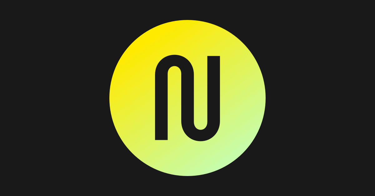 A bold, black lowercase "n" with an extended left leg intersects with an inverted "u" at the center. The design, reminiscent of Filmworkz Nucoda's distinct style, is set on a round gradient background transitioning from yellow at the top to green at the bottom, against a solid black canvas.