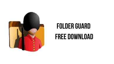 An illustration of a person in British royal guard attire, standing in front of a brown folder icon. Accompanying text reads, "FOLDER GUARD PRO FREE DOWNLOAD" in bold, black letters. This version is available at KhanPC with an optional patch for enhanced features.