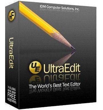 A software box for UltraEdit, featuring a sharpened yellow pencil. The cover highlights the text "UltraEdit" and "The World's Best Text Editor." The side notes the inclusion of one year of free upgrades and Auto Draft. The box is predominantly black with grey and yellow accents.