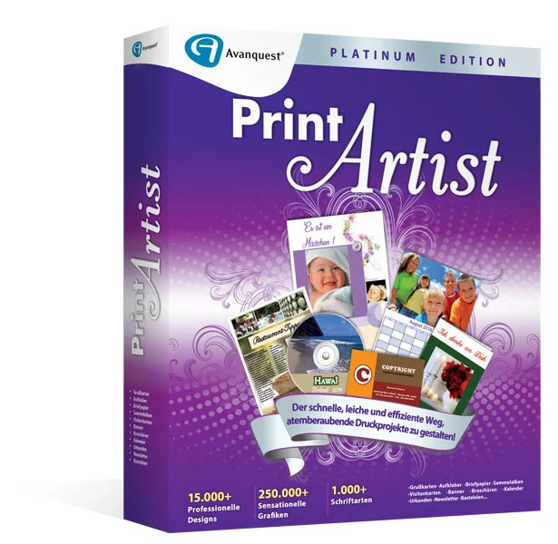 A purple and white box for "Print Artist Platinum" Edition by Avanquest. The Pre-Activated package displays various design examples such as business cards, greeting cards, and event flyers. Text highlights include "15,000+ Professionelle Designs," "250,000+ Sensationelle Grafiken," and "1,000+ Schriftarten.