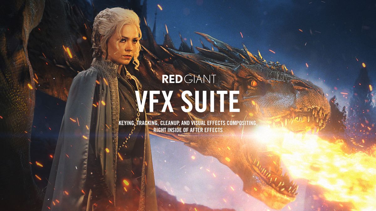 A fantasy-themed image shows a woman with white hair standing in front of a dragon breathing fire. The text reads "Red Giant VFX Suite v2024.2.3 - Keying, Tracking, Cleanup, and Visual Effects Compositing Right Inside of After Effects.