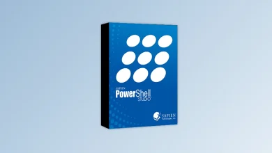 Box of PowerShell Studio 2024 against a gradient blue background. The box features a blue cover with nine white ovals and text that reads "SAPIEN PowerShell Studio" and "Sapien Technologies, Inc." at the bottom.