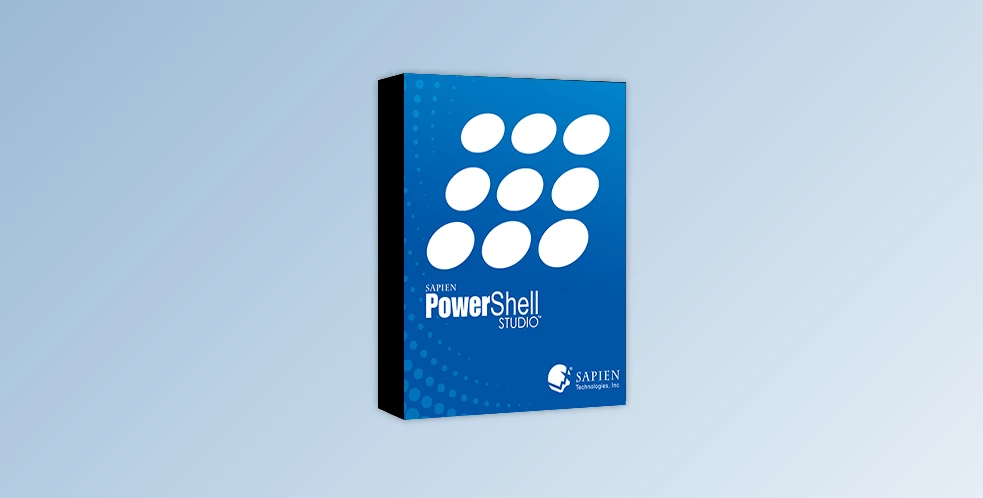 Box of PowerShell Studio 2024 against a gradient blue background. The box features a blue cover with nine white ovals and text that reads "SAPIEN PowerShell Studio" and "Sapien Technologies, Inc." at the bottom.