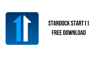 An icon featuring a blue arrow pointing up on the left and a white arrow pointing up on the right, beside the text "Stardock Start11 Free Download" on a white background, available at KhanPC.