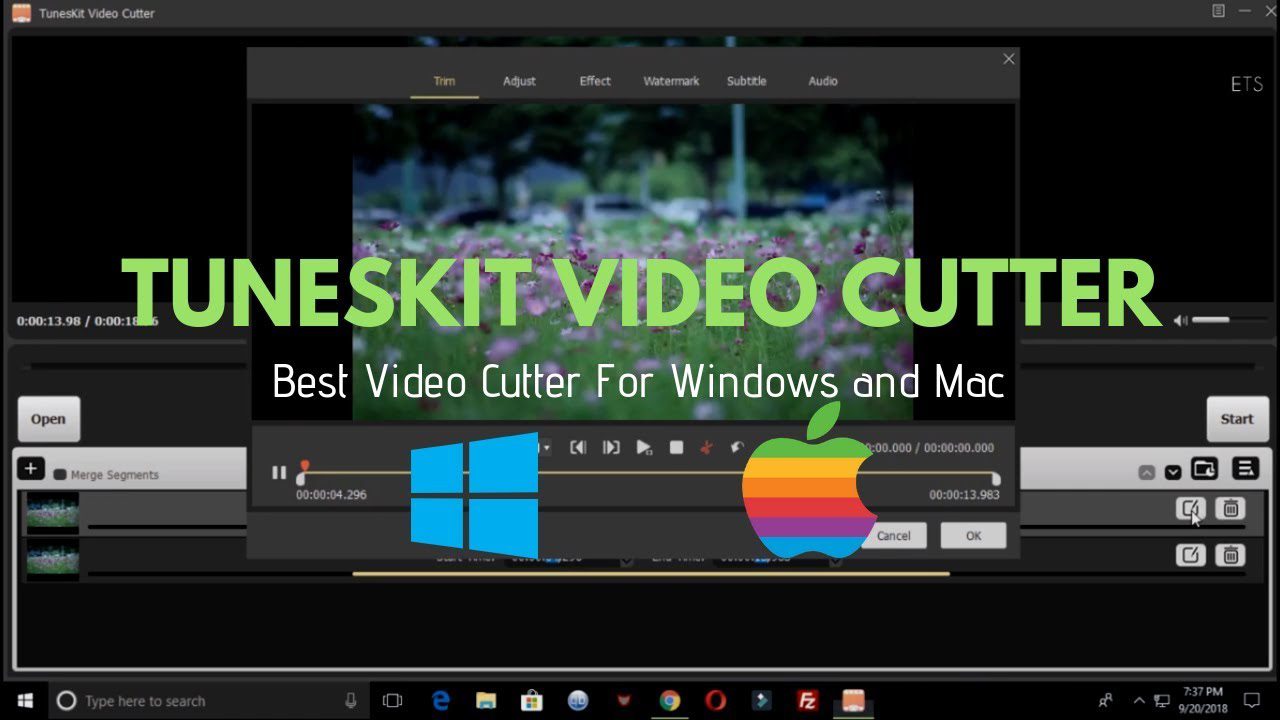 Screenshot of TunesKit Video Cutter software interface showing a video in the editing timeline. The text on screen reads "TUNESKIT VIDEO CUTTER" and "Best Video Cutter For Windows and Mac." Windows and Apple logos are displayed at the bottom, subtly underscoring its cross-platform proficiency.