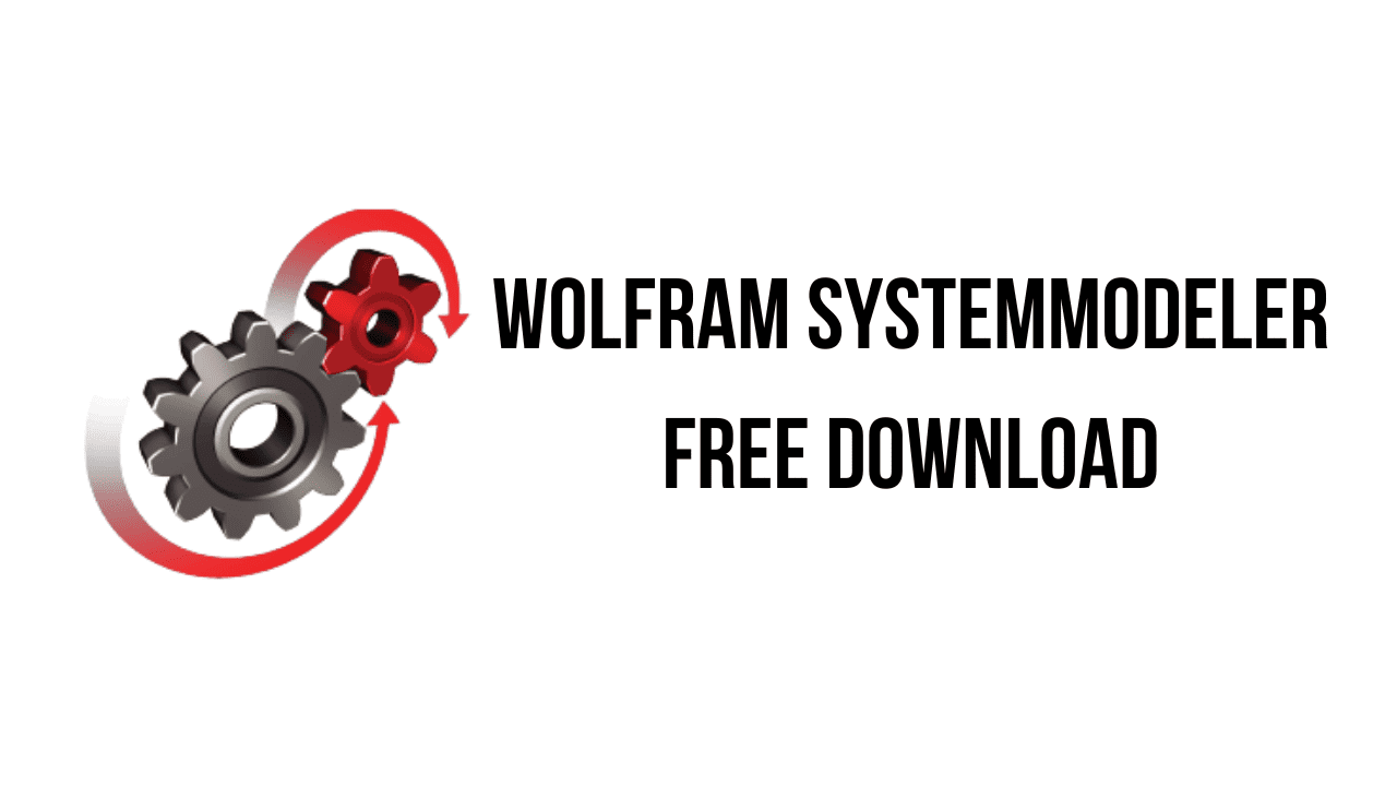 Three interlocking gears, one red and two black, are accompanied by curved arrows indicating motion. The text "Wolfram SystemModeler v14.1 Free Download" is displayed to the right of the gears.