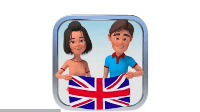 Two animated characters, a girl on the left and a boy on the right, are smiling and holding a Union Jack flag. The characters appear inside a rounded square frame with a light blue background, representing the English Visual Vocabulary Builder.