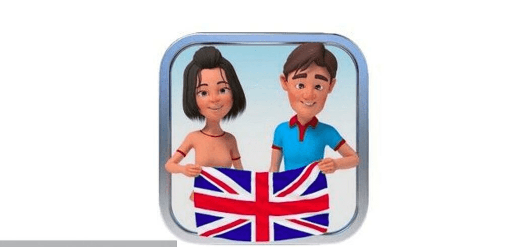 Two animated characters, a girl on the left and a boy on the right, are smiling and holding a Union Jack flag. The characters appear inside a rounded square frame with a light blue background, representing the English Visual Vocabulary Builder.