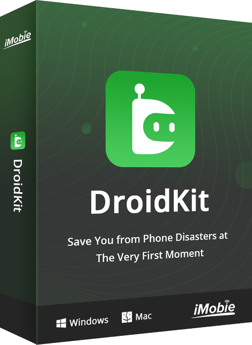 1. Imobie DroidKit logo with a tagline emphasizing its ability to rescue data from phone disasters effectively.