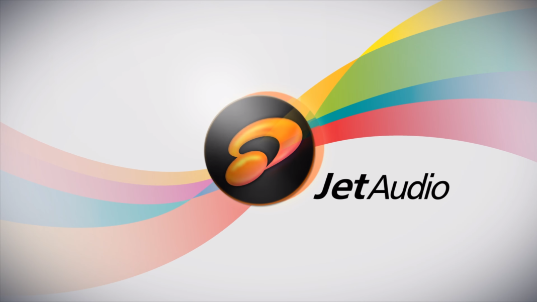 A logo with the name "JetAudio Plus" on the right side in black text. The logo features a sleek orange and yellow design within a black circle. The background shows colorful, flowing ribbons in blue, green, yellow, orange, red, and pink.