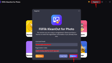 Screenshot of the "FilFlik KleanOut for Photo v6.2.0" application registration screen. The main window shows a registration prompt with fields for Licensed Email and Registration Code, options for Buy Now, Free Trial, and Register. The "Register" button is highlighted.