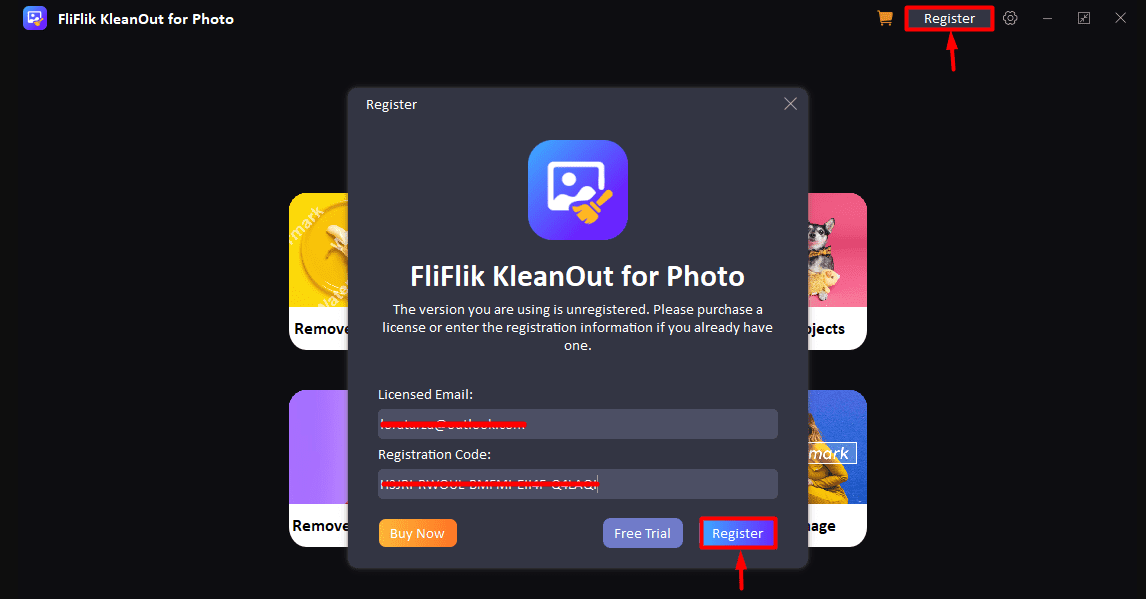 Screenshot of the "FilFlik KleanOut for Photo v6.2.0" application registration screen. The main window shows a registration prompt with fields for Licensed Email and Registration Code, options for Buy Now, Free Trial, and Register. The "Register" button is highlighted.