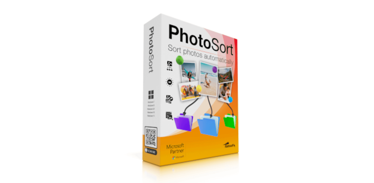 Packaging of Abelssoft PhotoSort 2024 software, showing the box with images connected to colored folders, indicating photo organization capabilities. The box highlights compatibility with Windows 10 & 11, features like sorting, and partnerships with Microsoft.