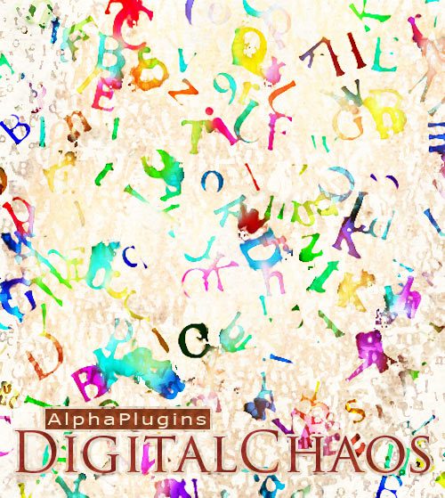 A colorful and chaotic collection of variously sized and styled letters scattered across a textured background. The text "AlphaPlugins DigitalChaos v1.1" is prominently displayed at the bottom, with "AlphaPlugins" in a small brown box and "DIGITAL CHAOS" in large, ornate brown letters.