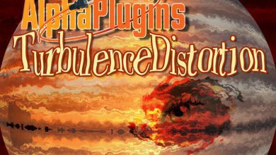 A surreal artistic image features a planetary surface resembling Jupiter. The orange text "AlphaPlugins TurbulenceDistortion" stands out, with the word "Alpha" modified by a rocket graphic. An embedded distorted human eye gazes eerily from the planet, adding to the cosmic intrigue.