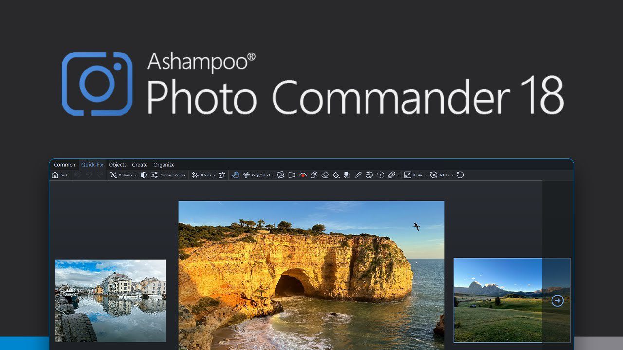 Screenshot of the Ashampoo Photo Commander 18 software interface, showcasing various editing tools and several images, including a coastal scene with a cave, a waterfront town, and a mountain landscape, under a dark gray banner with the app's name and logo.