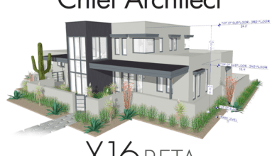 Rendering of a modern house model surrounded by desert landscaping, featuring cacti and shrubs. The text above reads "Chief Architect Premier," and below the model are "X16 BETA." Various measurement annotations are visible around the house, showcasing its precision.