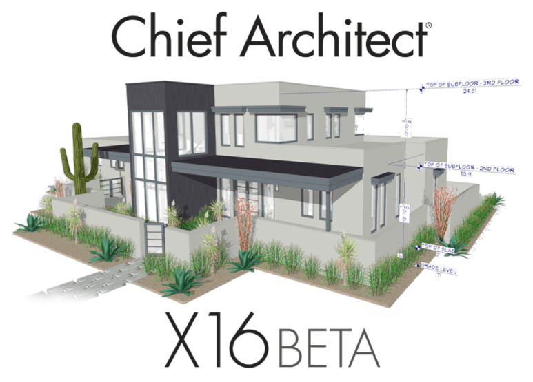 Rendering of a modern house model surrounded by desert landscaping, featuring cacti and shrubs. The text above reads "Chief Architect Premier," and below the model are "X16 BETA." Various measurement annotations are visible around the house, showcasing its precision.