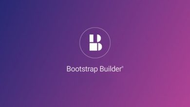 An image with a circular logo containing a stylized "B" in white, centered on a gradient background transitioning from dark blue on the left to pink on the right. Below the logo, the text "Responsive Bootstrap Builder by CoffeeCup®" is displayed in white.