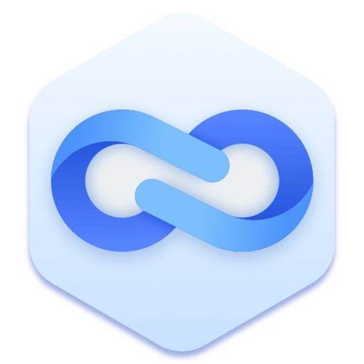 A white hexagonal icon with rounded edges features an intertwined blue infinity symbol at its center. The infinity symbol, reminiscent of the smooth, gradient shades found in Donemax Disk Clone Enterprise, creates a three-dimensional effect against the soft white background.