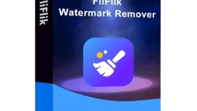 A software package box for "FliFlik Watermark Remover v6.0.0." The box features an icon of a hand holding a magic wand on a blue background. Text reads "AI Powered Watermark Remover, Remove Any Unwanted Mark," and includes the Windows and AppDoze logos at the bottom left.