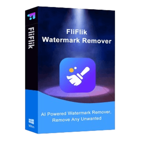 A software package box for "FliFlik Watermark Remover v6.0.0." The box features an icon of a hand holding a magic wand on a blue background. Text reads "AI Powered Watermark Remover, Remove Any Unwanted Mark," and includes the Windows and AppDoze logos at the bottom left.