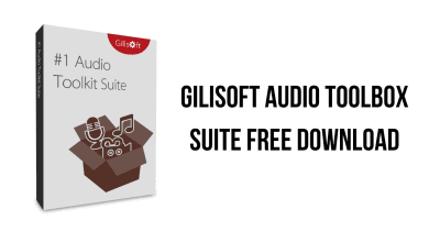 The image shows a promotional graphic for the "GiliSoft Audio Toolbox Suite, v12.2." It features a product box with the text "#1 Audio Toolkit Suite" and icons of a microphone, music note, and audio waves coming out of an open box. The text reads "GiliSoft Audio Toolbox Suite Free Download - available on KhanPC.