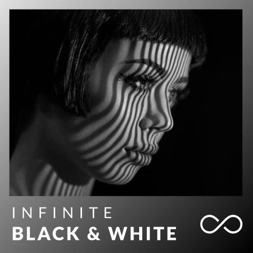 A striking black and white image of a woman's face with short hair illuminated by striped shadows. The shadows create a pattern over her face. The text "INFINITE BLACK & WHITE v1.0.1 Cracked" appears at the bottom along with an infinity symbol.