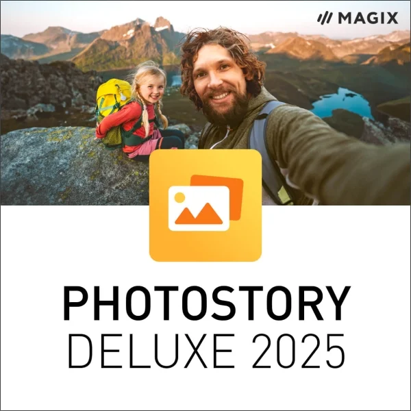 A man and a young girl wearing backpacks are smiling and taking a selfie on a rocky mountain landscape with a lake visible below. The image is part of an advertisement for "MAGIX Photostory Deluxe v24.0.1.184," featuring a yellow icon with overlapping photo outlines.