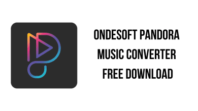 A square, black icon on the left with a colorful, stylized letter "P" incorporating a play button design. On the right, the text reads "Ondesoft Pandora Music Converter Free Download" in black uppercase letters on a white background. This pre-activated version simplifies installation and use.