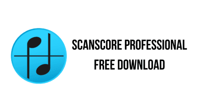 A blue circular logo featuring a stylized musical note on a staff, with the text "ScanScore Professional v3.0.6 Free Download" written in bold, black letters to the right.