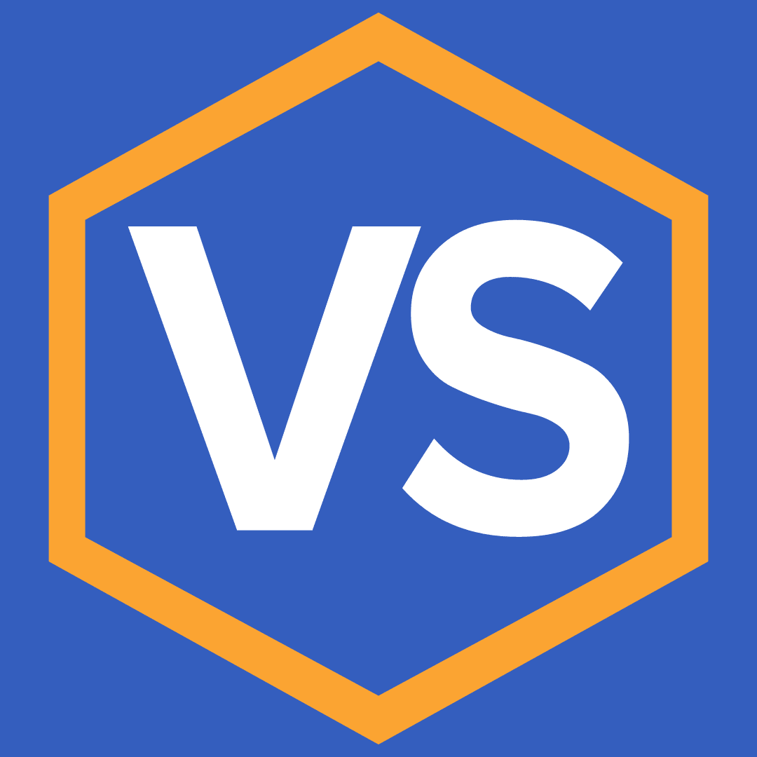 An orange-bordered hexagon with a blue interior features the bold, white letters "VS" in its center, standing for "versus." The design, reminiscent of competitive software like SolveigMM Video Splitter Broadcast Edition, suggests a comparative or competitive context.