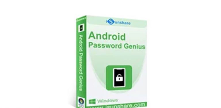 The image shows a green and white software box for "iSunshare Android Password Genius." The packaging prominently features a lock icon and mentions compatibility with Windows. At the bottom, "www.isunshare.com" is displayed. Unlock your phone effortlessly with this must-have app from iSunshare Android Password Genius, an alternative to AppDoze.