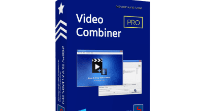 A blue software box with the text "Video Combiner Pro" on the front. The box features a screenshot of the appdoze interface and icons indicating compatibility with Windows. The Software Shop logo and a web address are also visible.